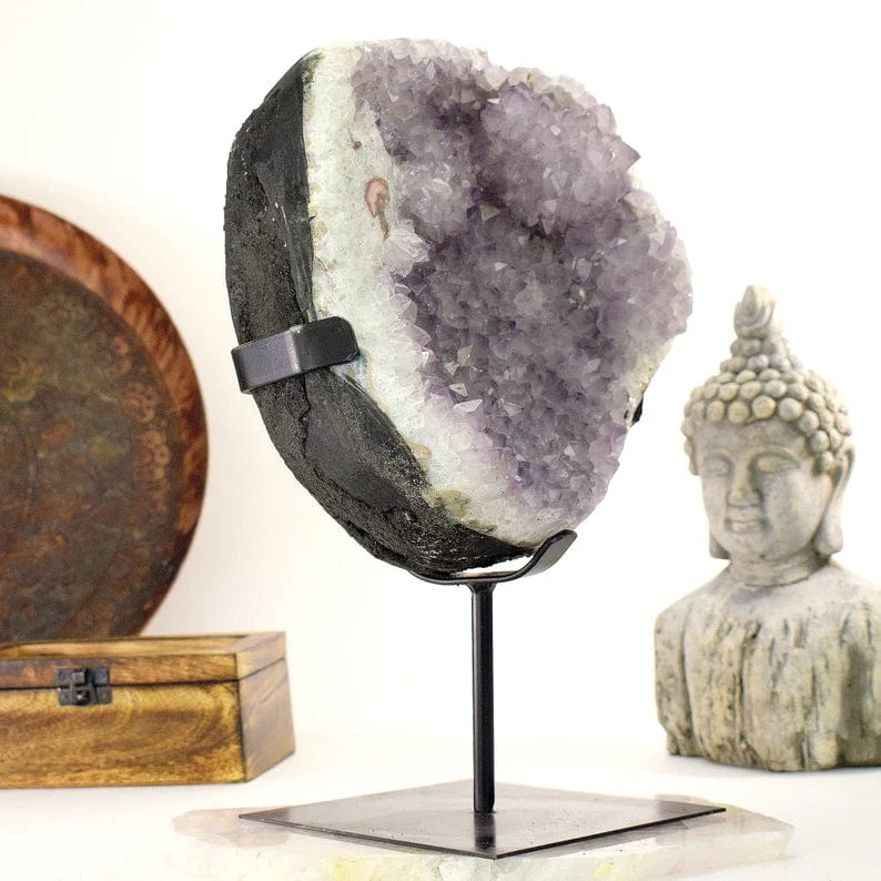 Amethyst Crystal Purple Geode on Metal Stand side view