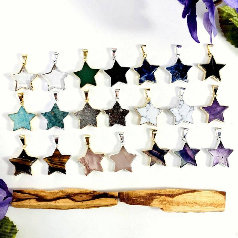 Star Pendants electroplated in gold and silver gemstones come in Black Obsidian Rainbow Fluorite Tigers Eye White Howlite Sodalite Rose Quartz Druzy Green Aventurine Crystal Quartz Amethyst Amazonite