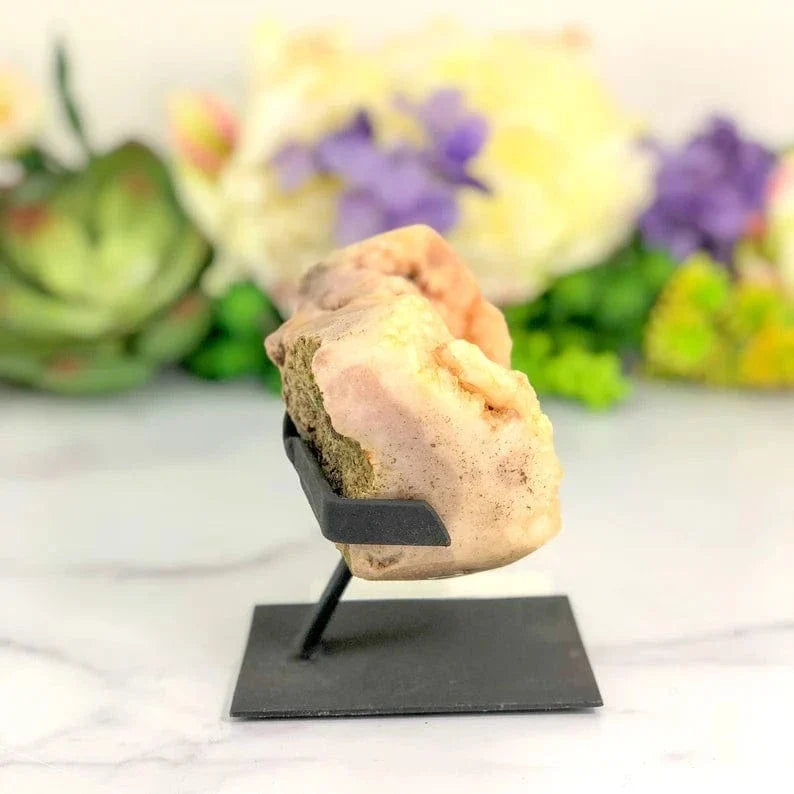 Pink Amethyst Crystal on Metal Stand side view