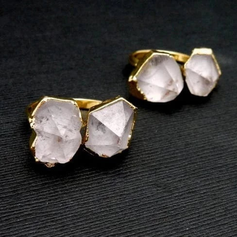 2 Double Crystal Quartz Point Ring with Electroplated 24k Gold Edges on an adjustable bands up close