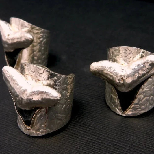 Black Shark Tooth Ring with Electroplated Silver Adjustable Hammered Bands shown up close