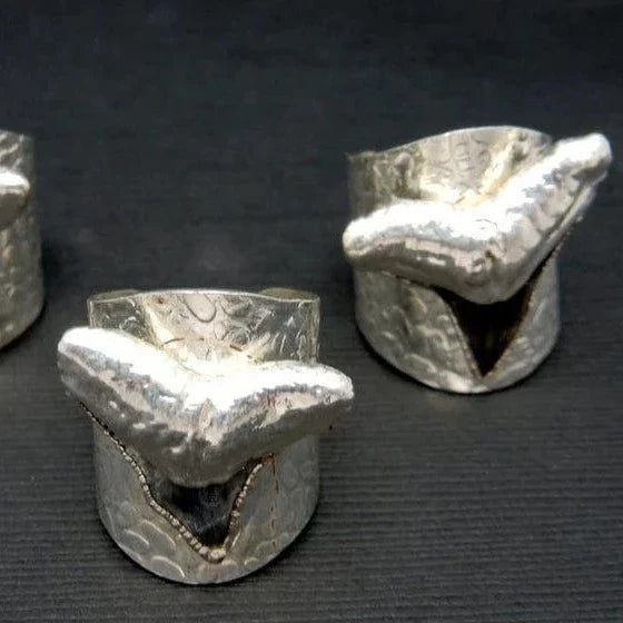Black Shark Tooth Ring with Electroplated Silver Adjustable Hammered Bands from front view