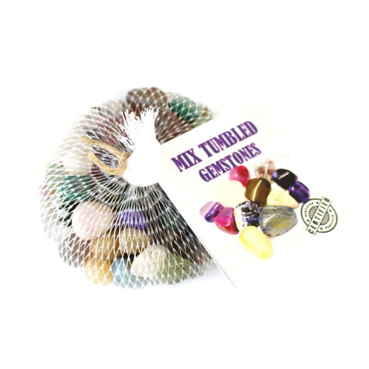 Mixed Small Tumbled Crystals Gemstones Bag on white background