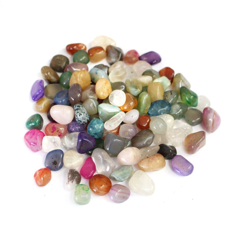 Mixed Small Tumbled Crystals Gemstones Bag out of bag on white background
