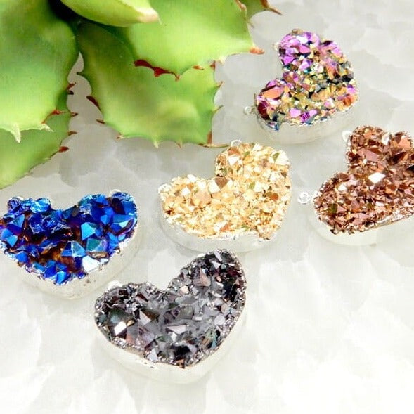 Mystic Druzy Heart Double Bail Pendants showing the available finishes