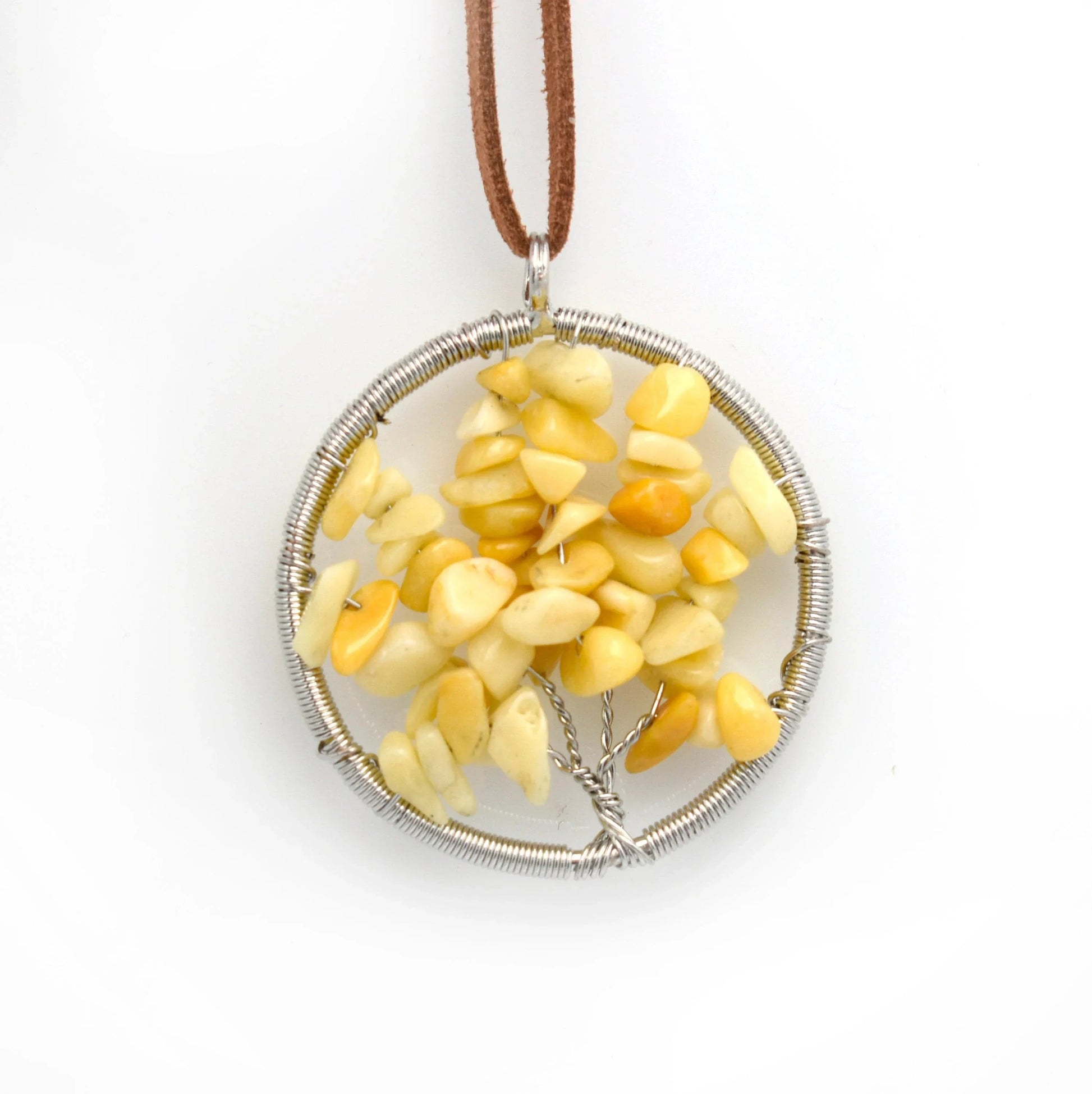 yellow jasper Tree of Life Pendant-- Silver-Plated Round Crystal Beaded  up close