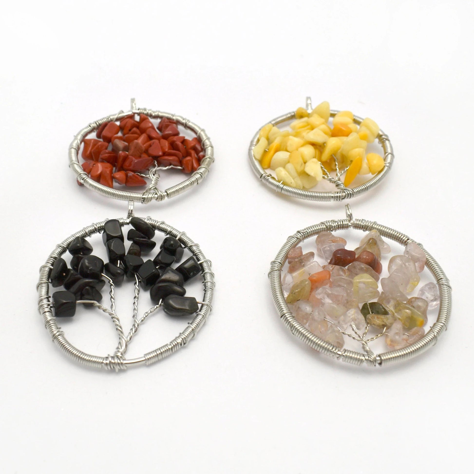 Tree of Life Pendant-- Silver-Plated Round Crystal Beaded in yellow jasper, red jasper, mixed crystal and black onyx