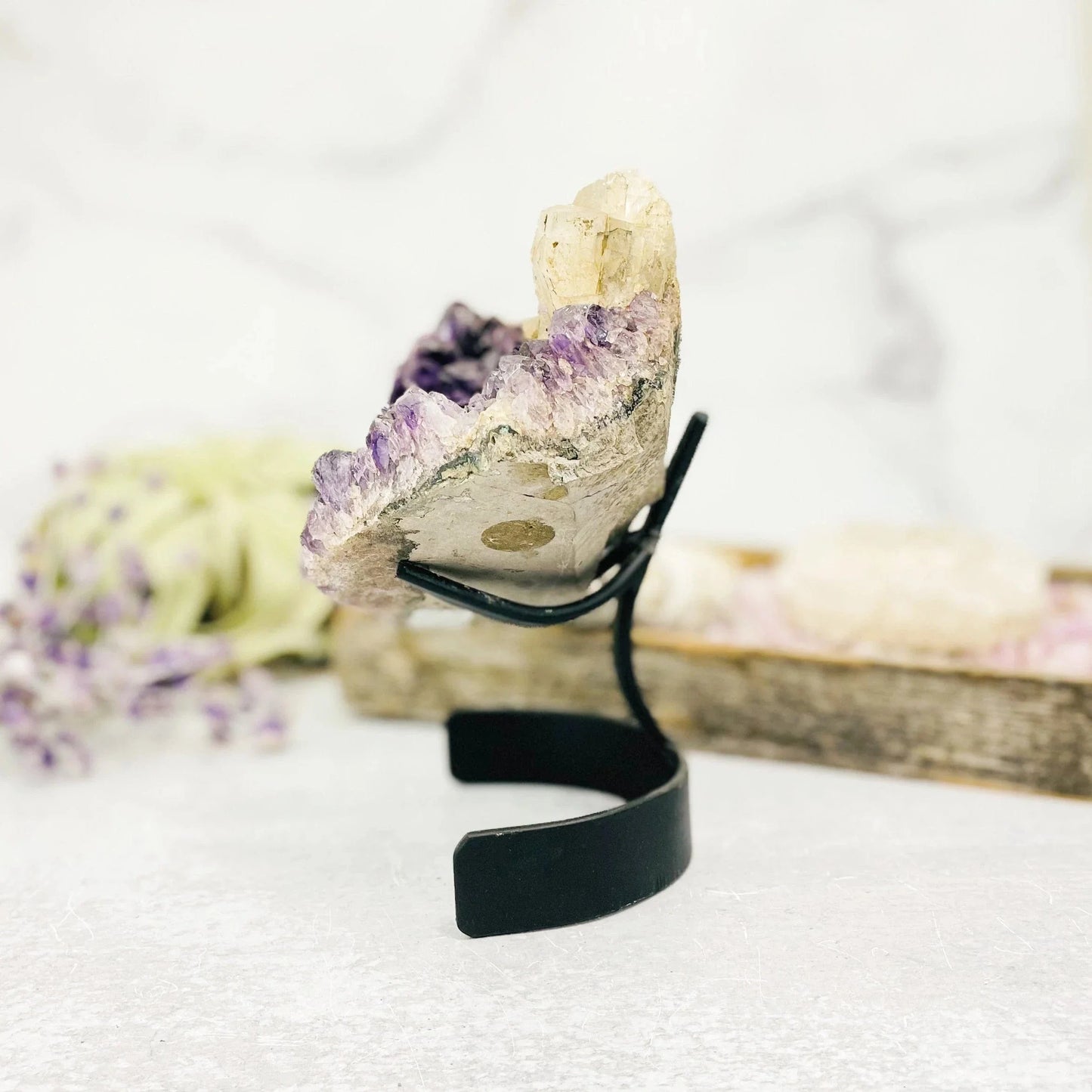 amethyst with decorations in the background