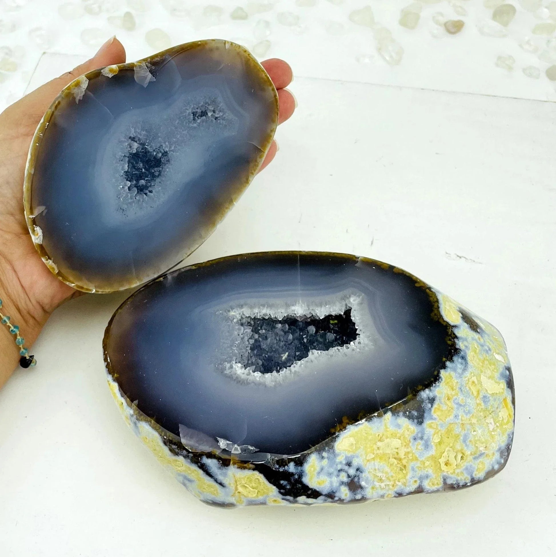 Agate Geode Druzy Box open with hand in the image for size reference