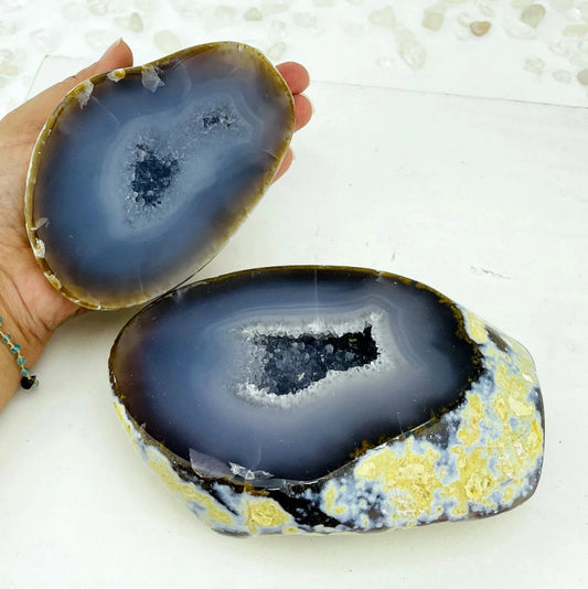 Agate Geode Druzy Box open with hand in the image for size reference