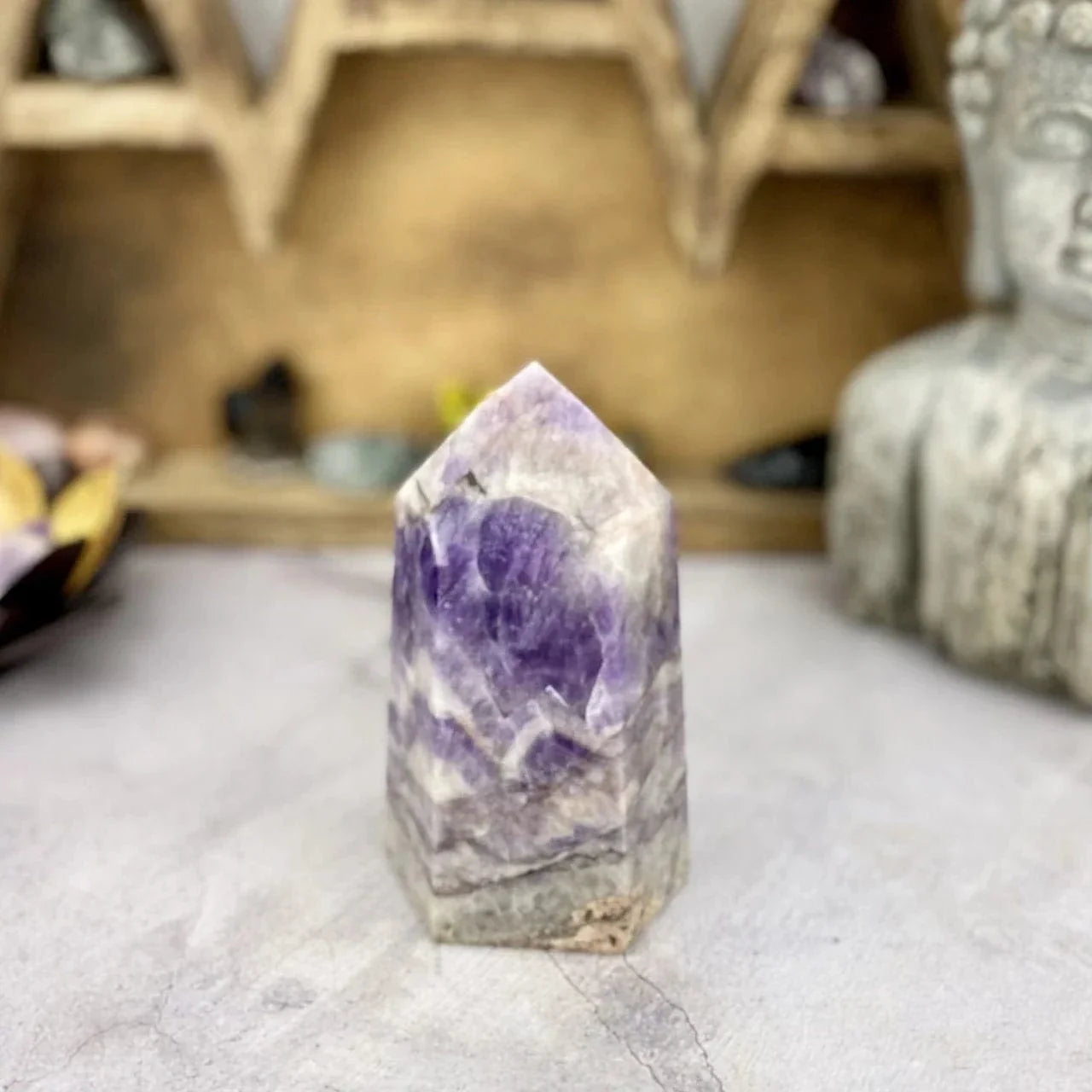 amethyst with decorations in the background