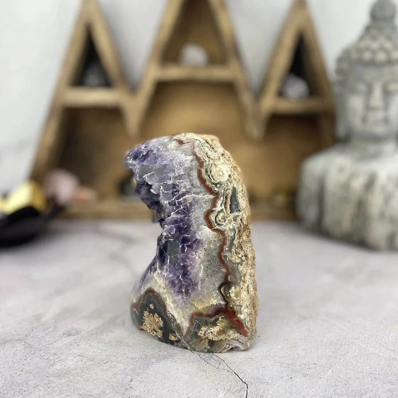amethyst with decorations in the background