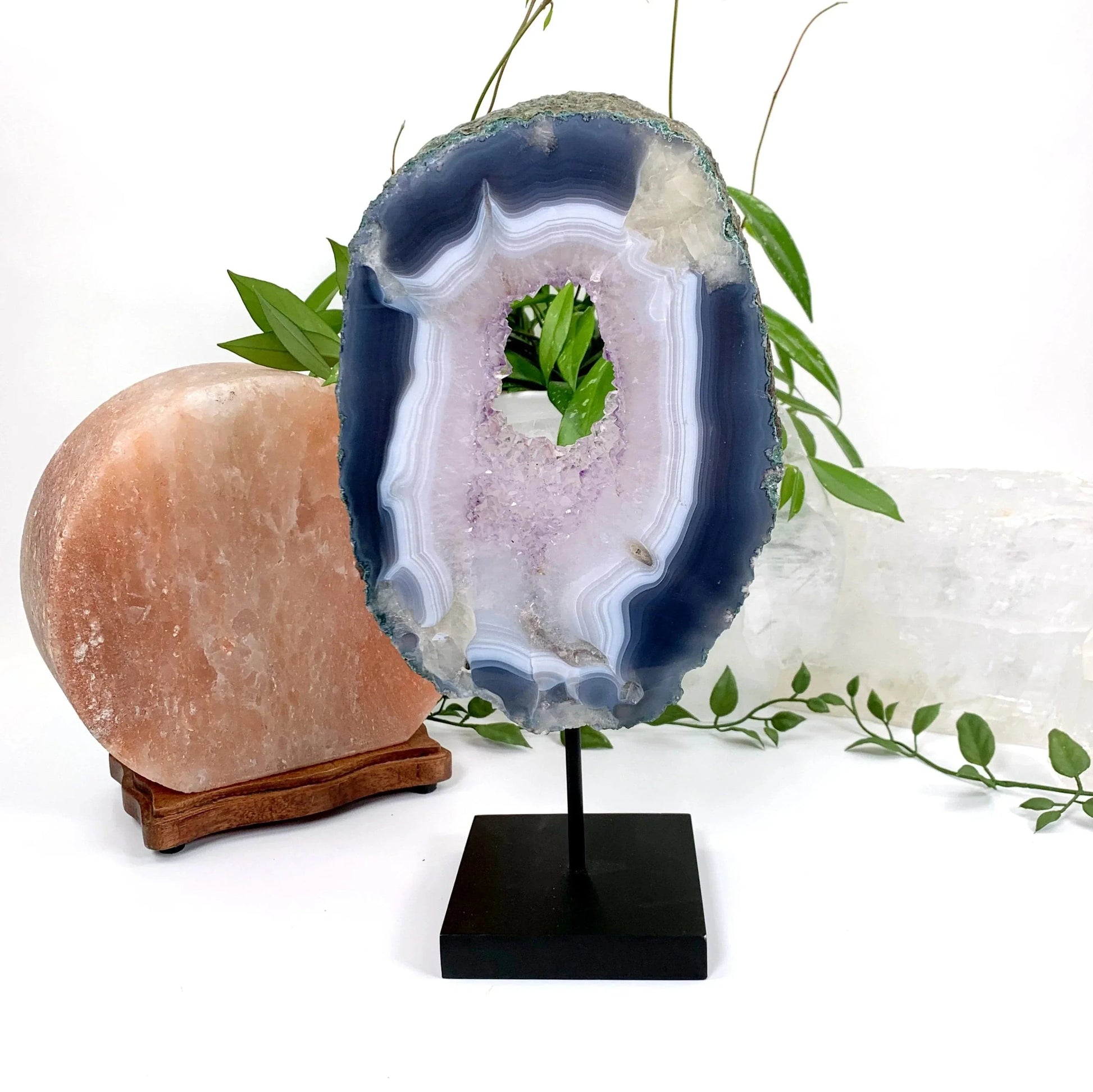 Natural Agate with Amethyst Crystal Unique Specimen on Wood Stand showing other side
