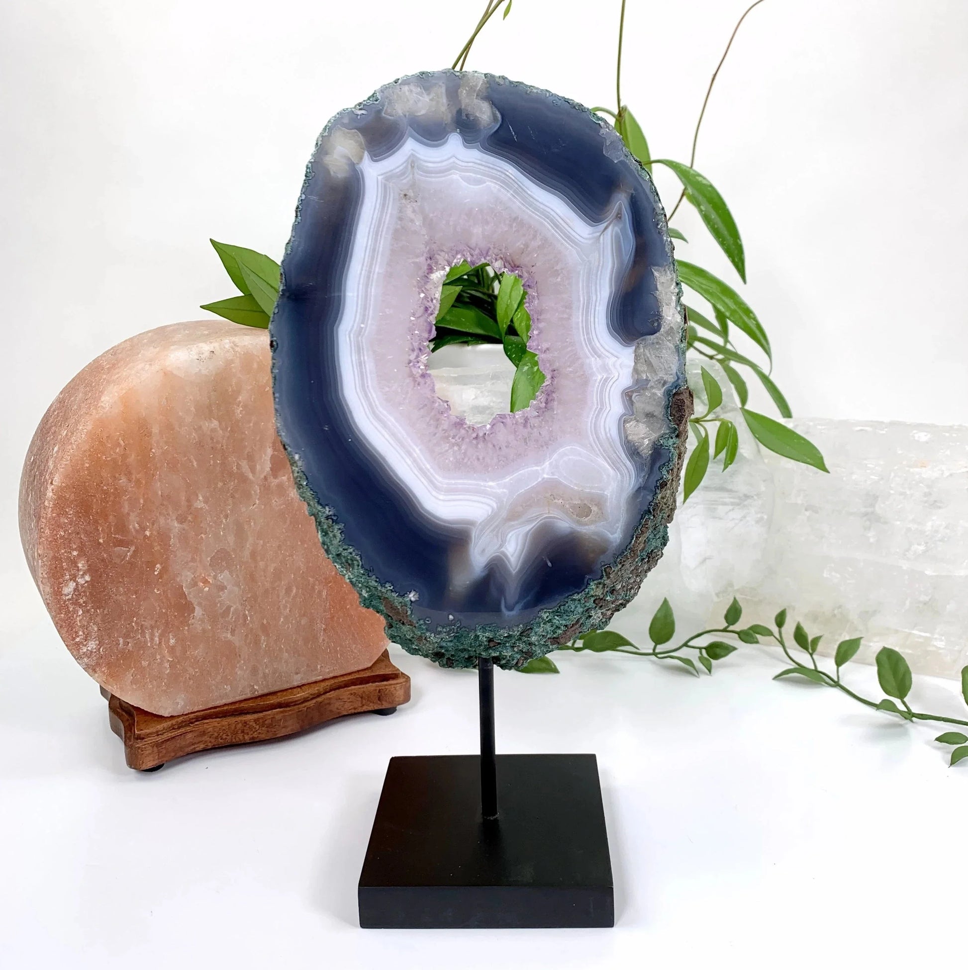 Natural Agate with Amethyst Crystal Unique Specimen on Wood Stand side 1 view