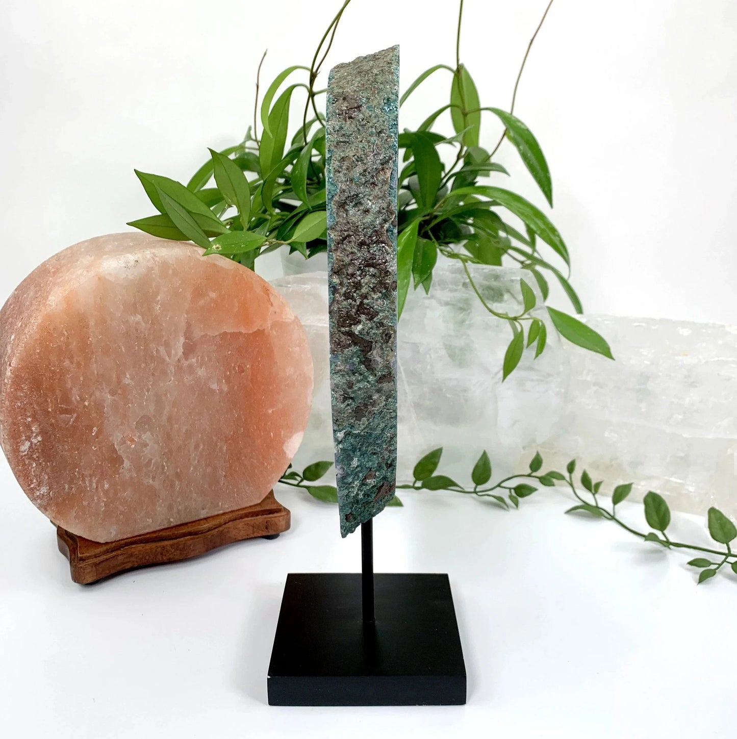Natural Agate with Amethyst Crystal Unique Specimen on Wood Stand side view to show thickness of slice