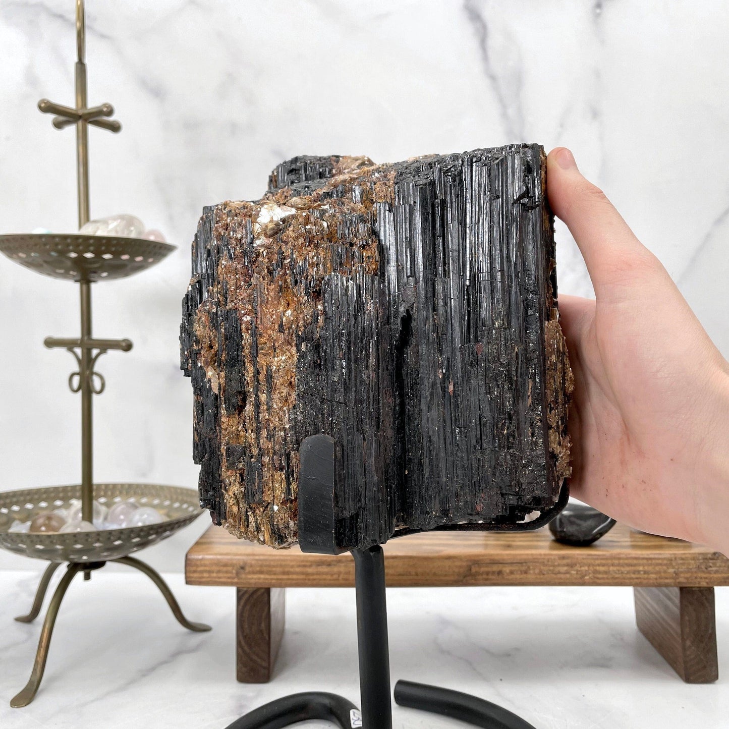 Black Tourmaline Crystal with Mica on Matrix - on Metal Stand