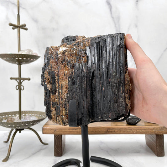 Black Tourmaline Crystal with Mica on Matrix - on Metal Stand
