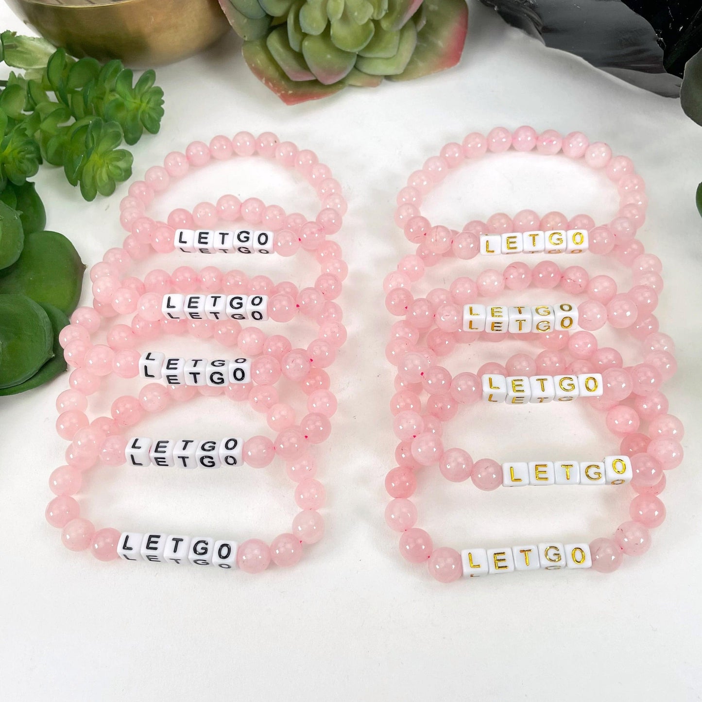 Rose Quartz Crystal Mala Bead Bracelet - LET GO -  Letter Beads in black print and gold print