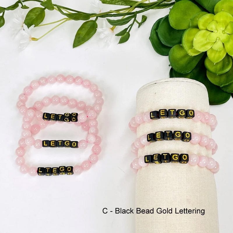 Rose Quartz Crystal Mala Bead Bracelet - LET GO -  Letter Beads in black with gold print