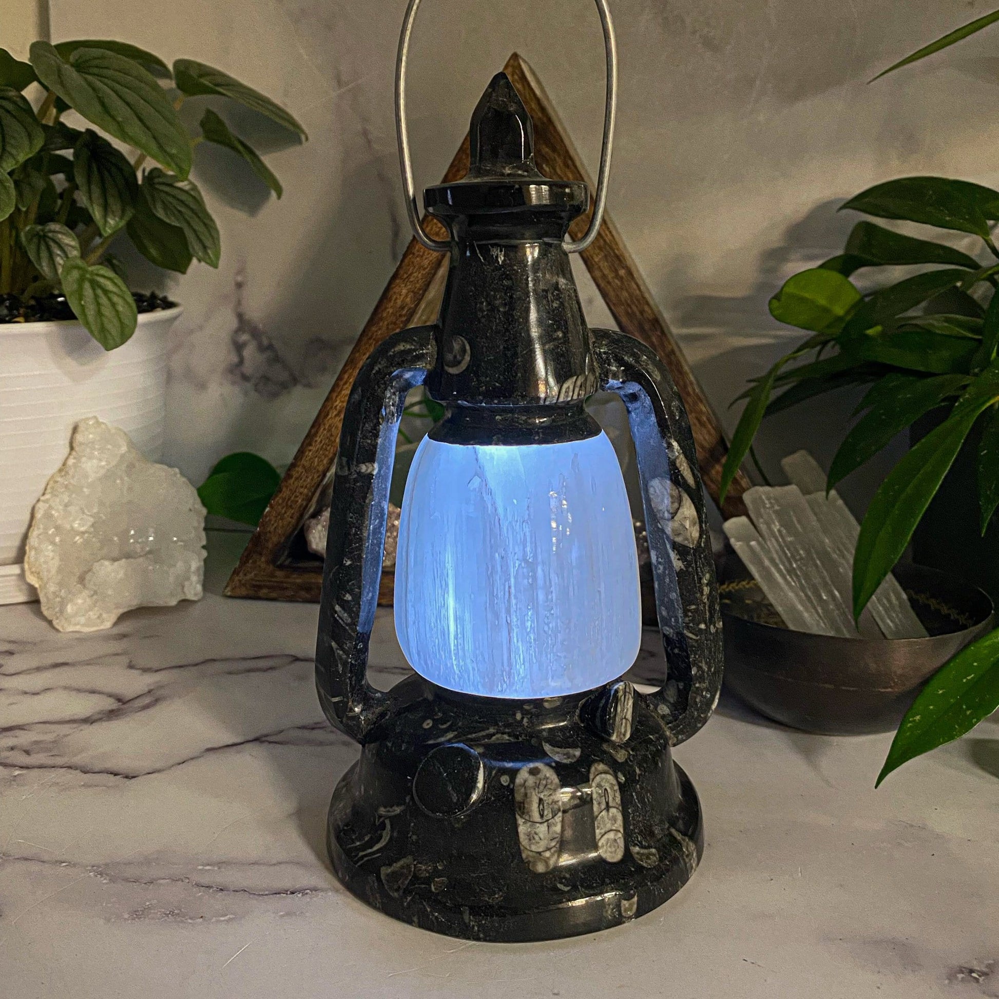 Orthoceras and Selenite Lamp lit up with decorations in the background
