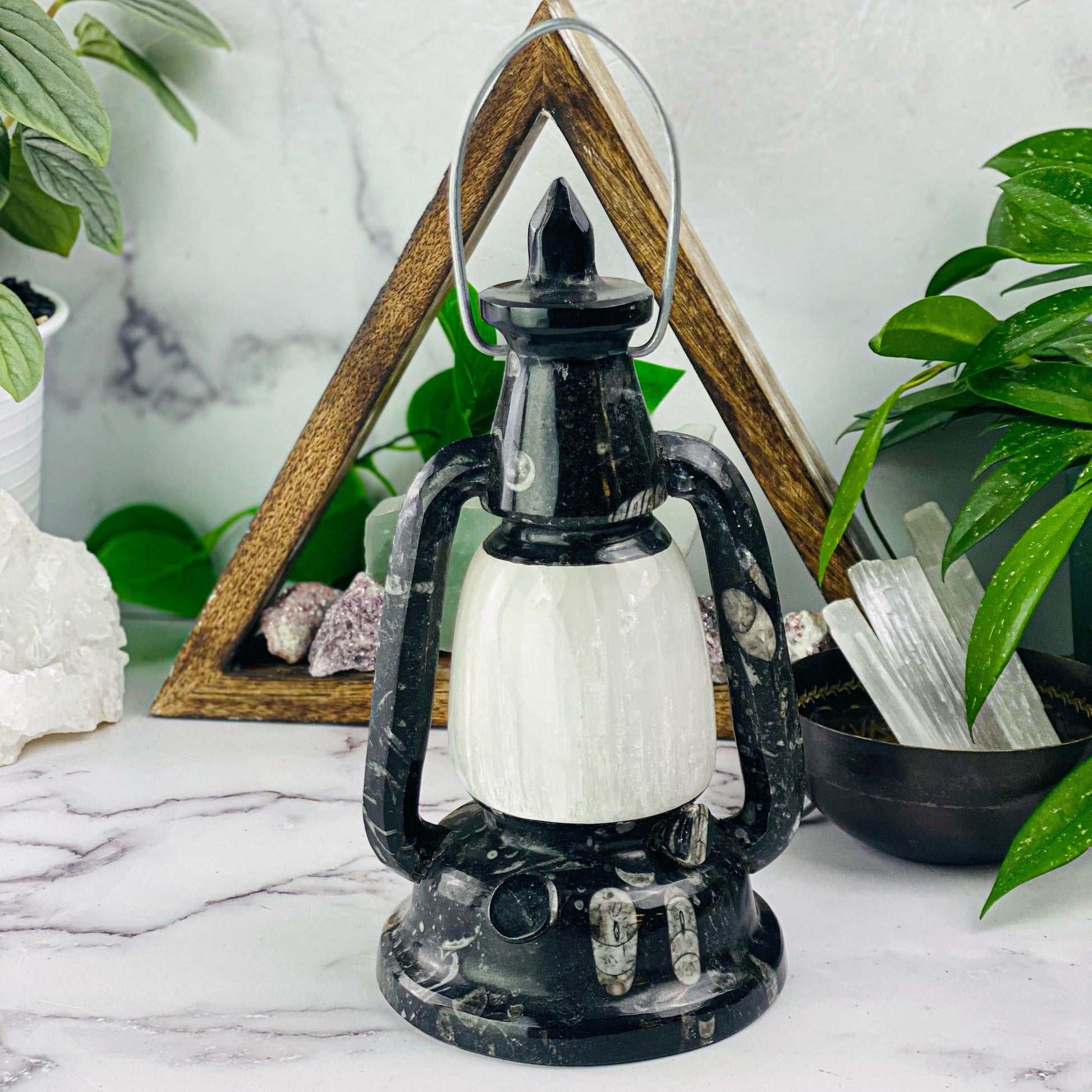 Orthoceras and Selenite Lamp with decorations in the background
