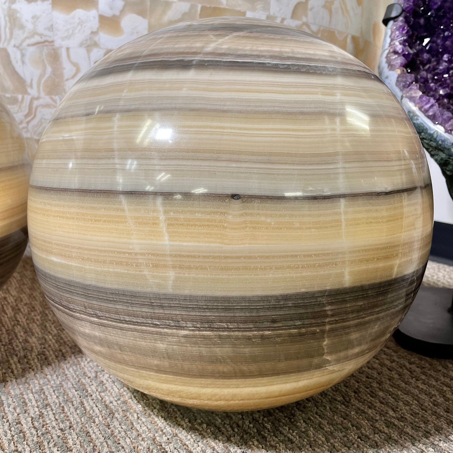 Up close view of Mexican Onyx - Colossal Polished Sphere Option C.