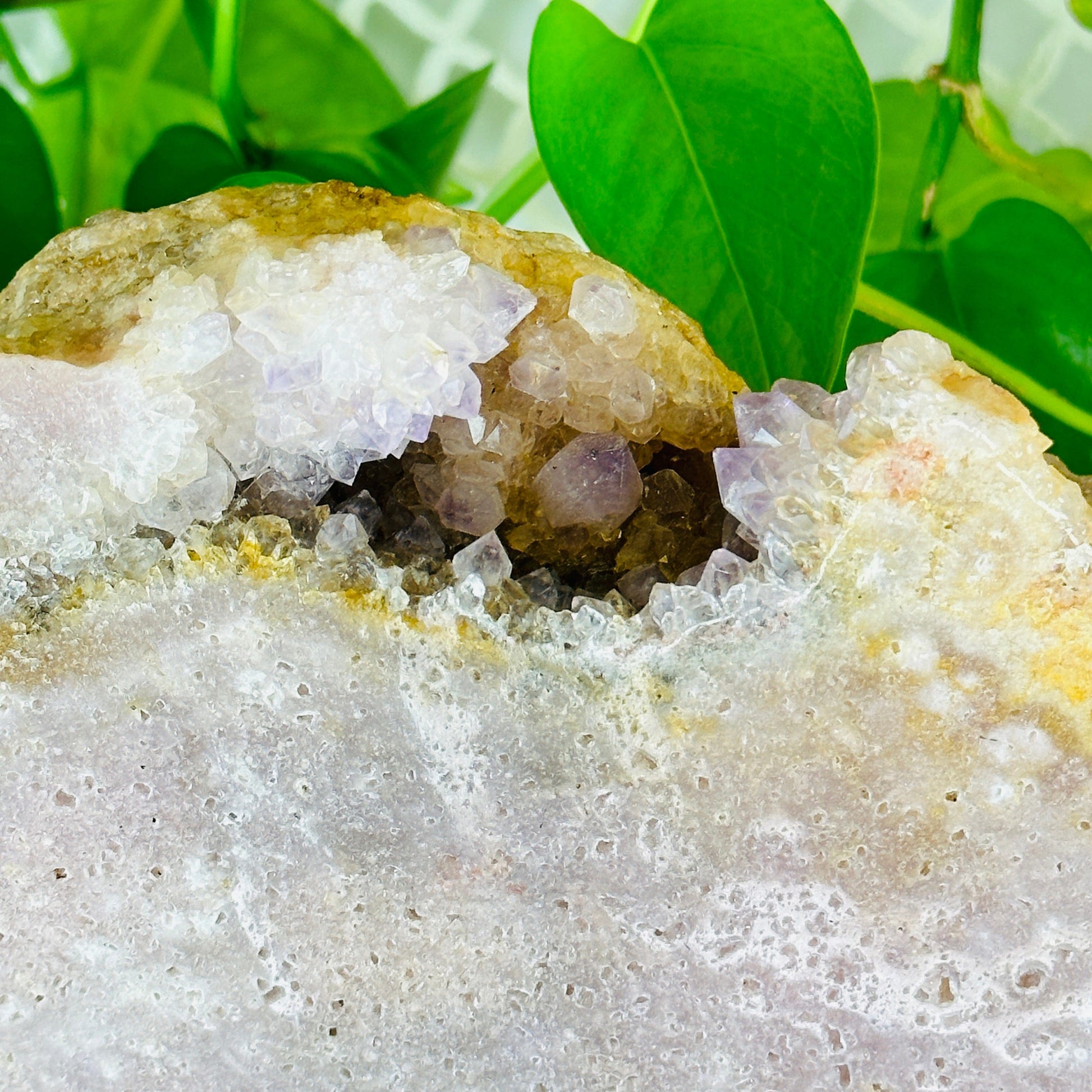 up close shot of pink amethyst druzy formation