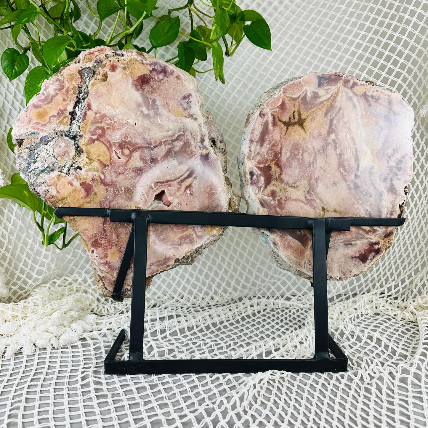 backside of Pink amethyst pair wings with decorations in the background