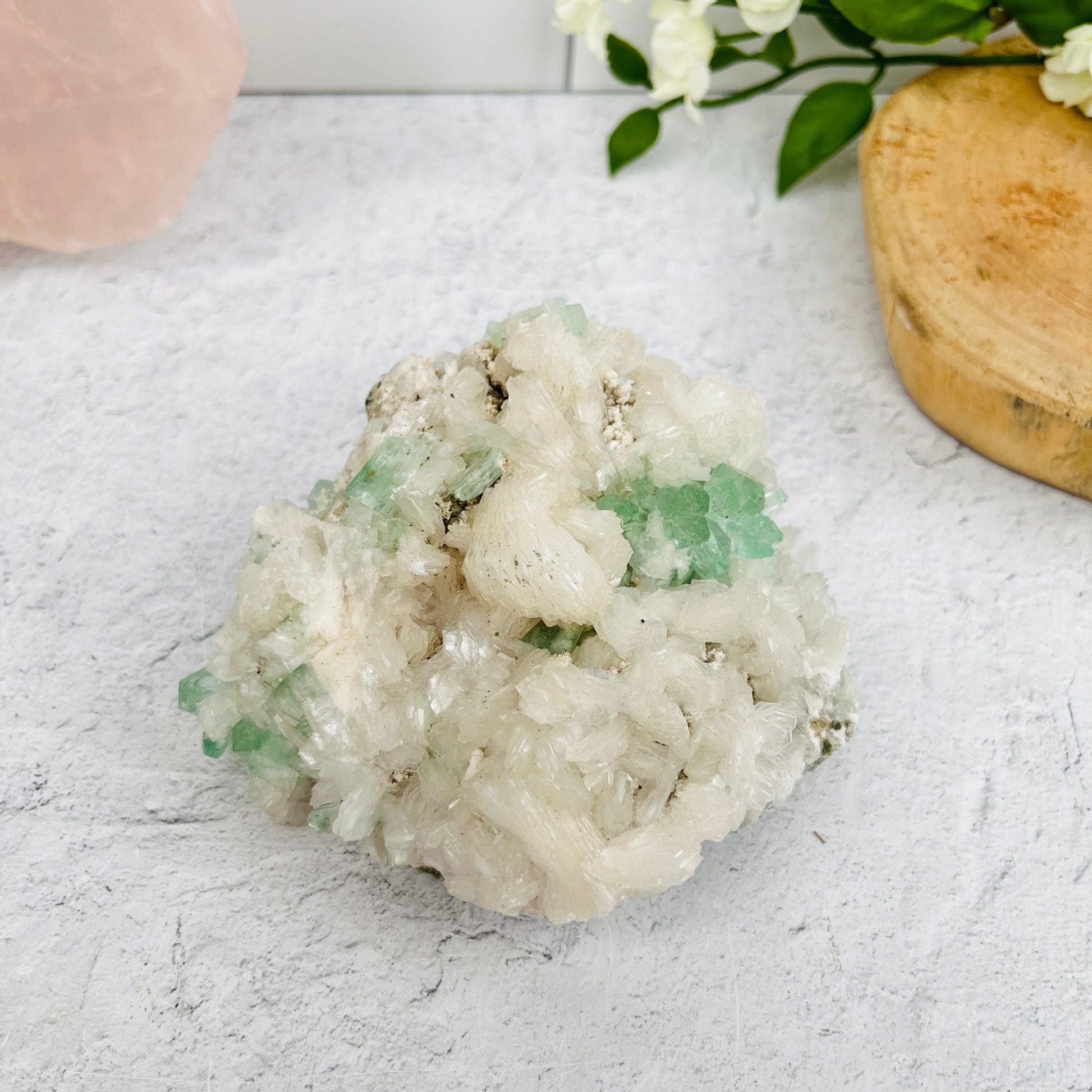 Green Apophyllite with Stilbite Crystal Clusters Zeolites - Home Decor
