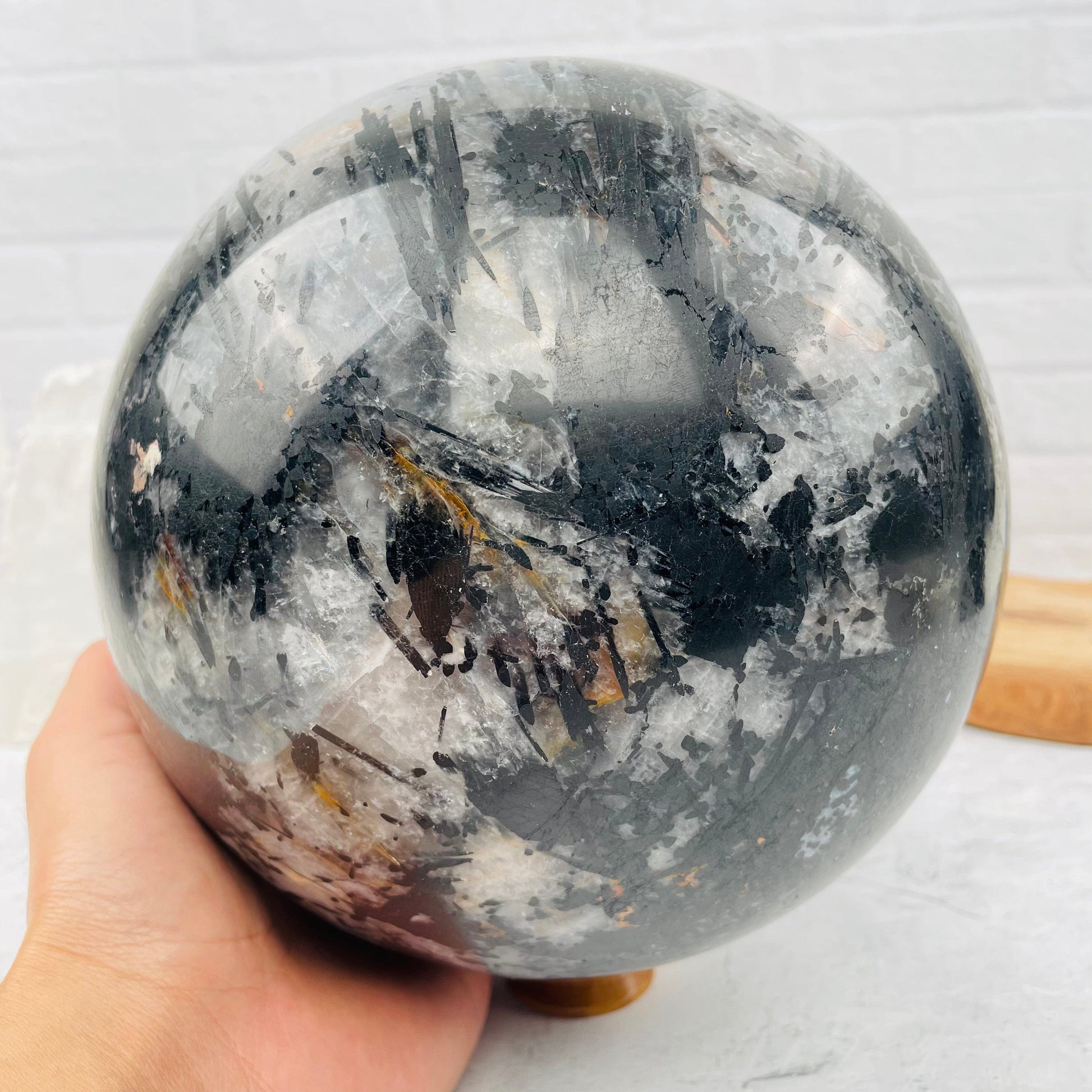 Very Large - Black Tourmilated Quartz Sphere - OOAK - With hand