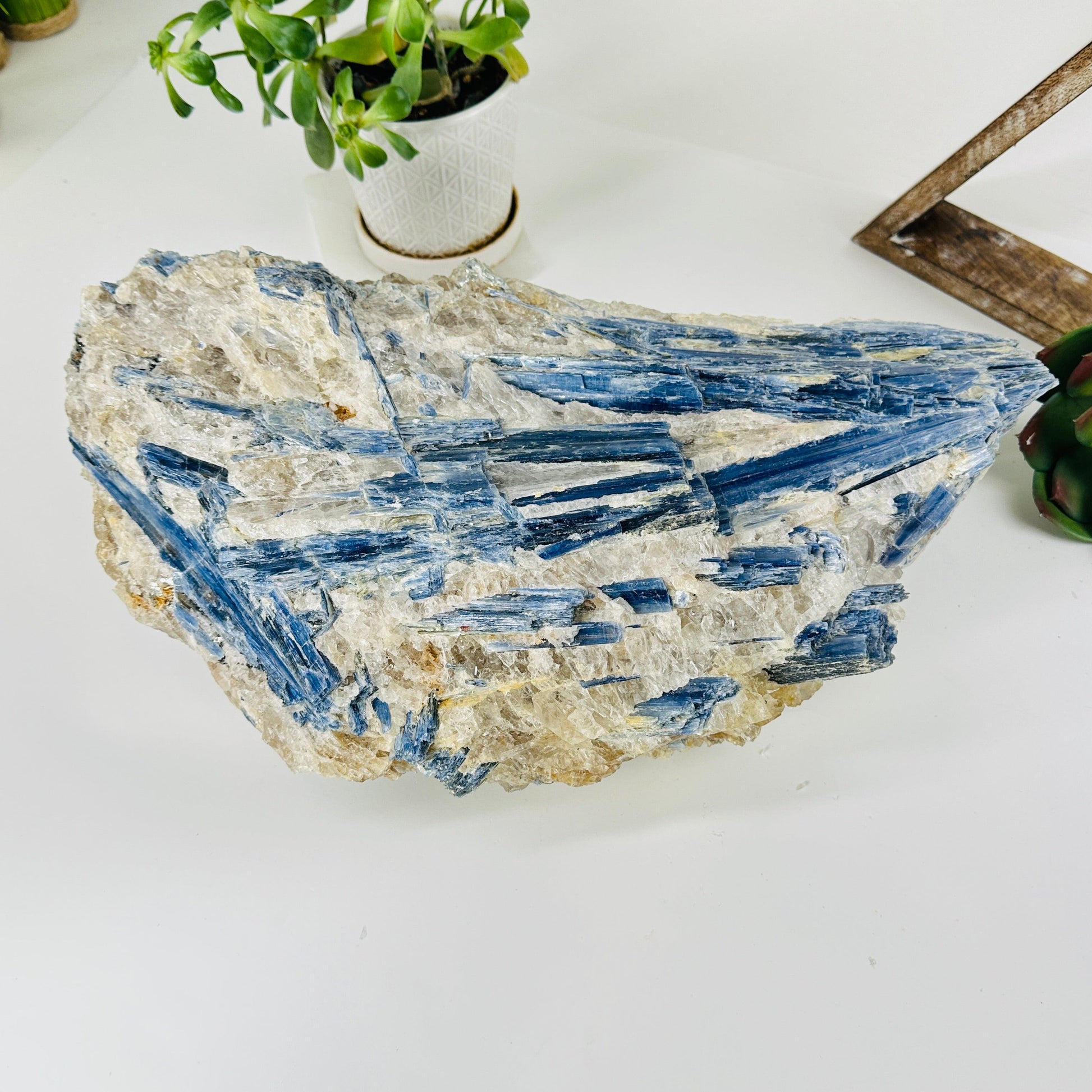 massive kyanite cluster with decorations in the background