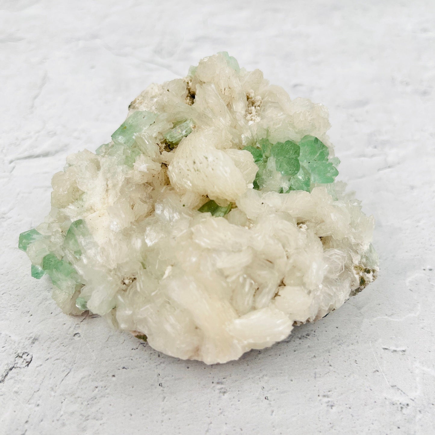 Green Apophyllite with Stilbite Crystal Clusters Zeolites - Front View