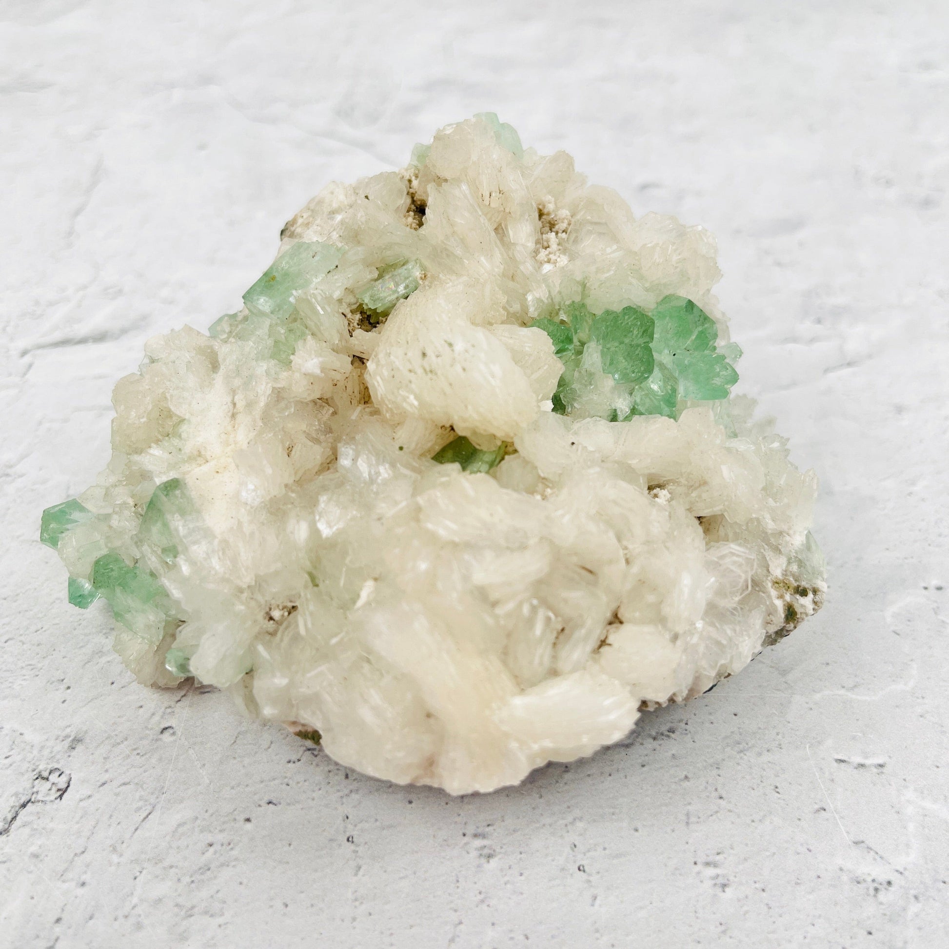 Green Apophyllite with Stilbite Crystal Clusters Zeolites - Front View