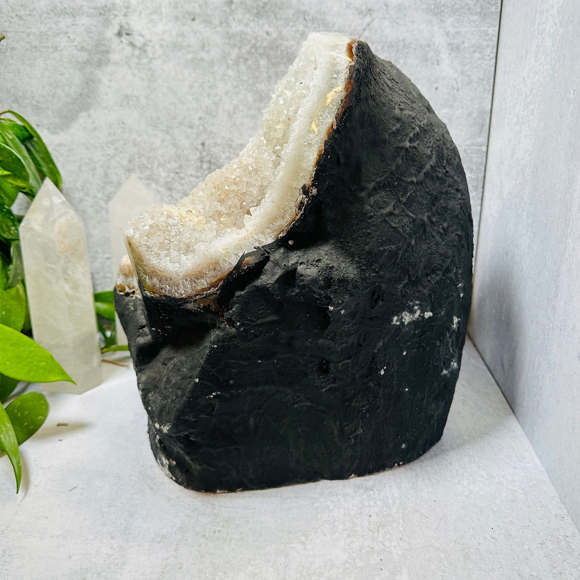 Large Gray Amethyst Cathedral with Calcite Druzy - OOAK -front -side view