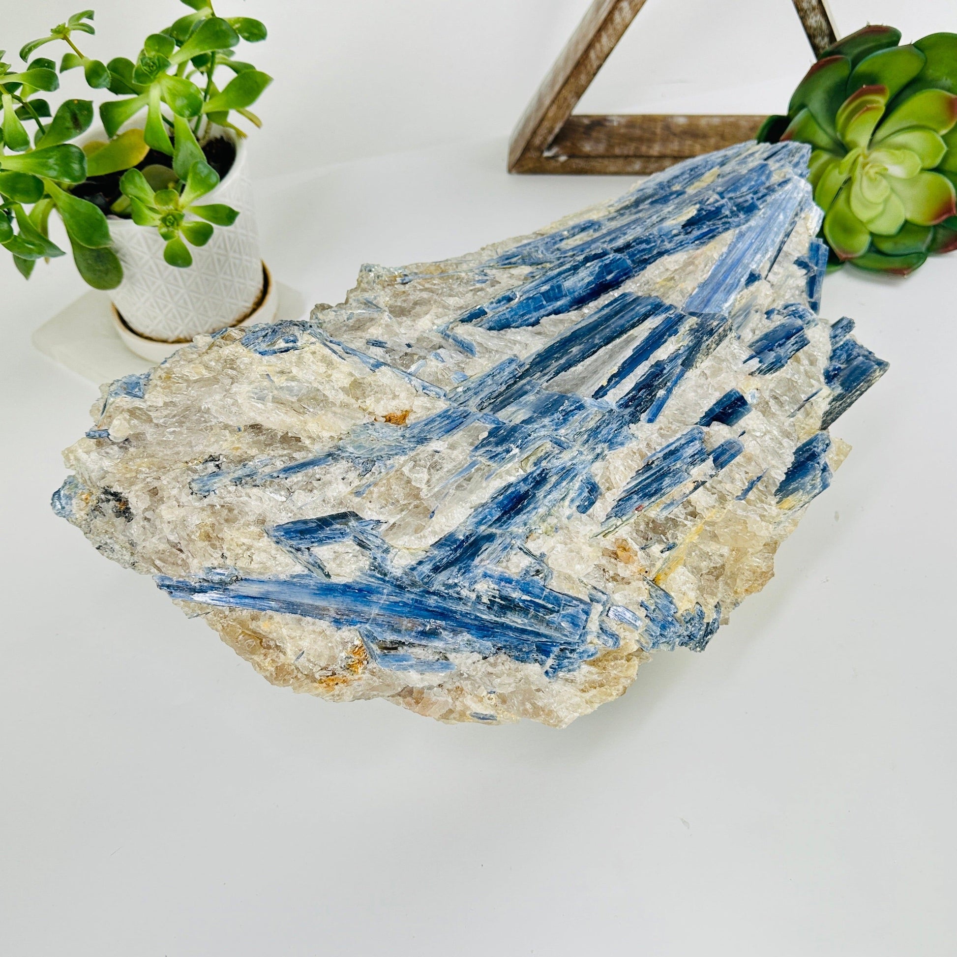 massive kyanite cluster with decorations in the background