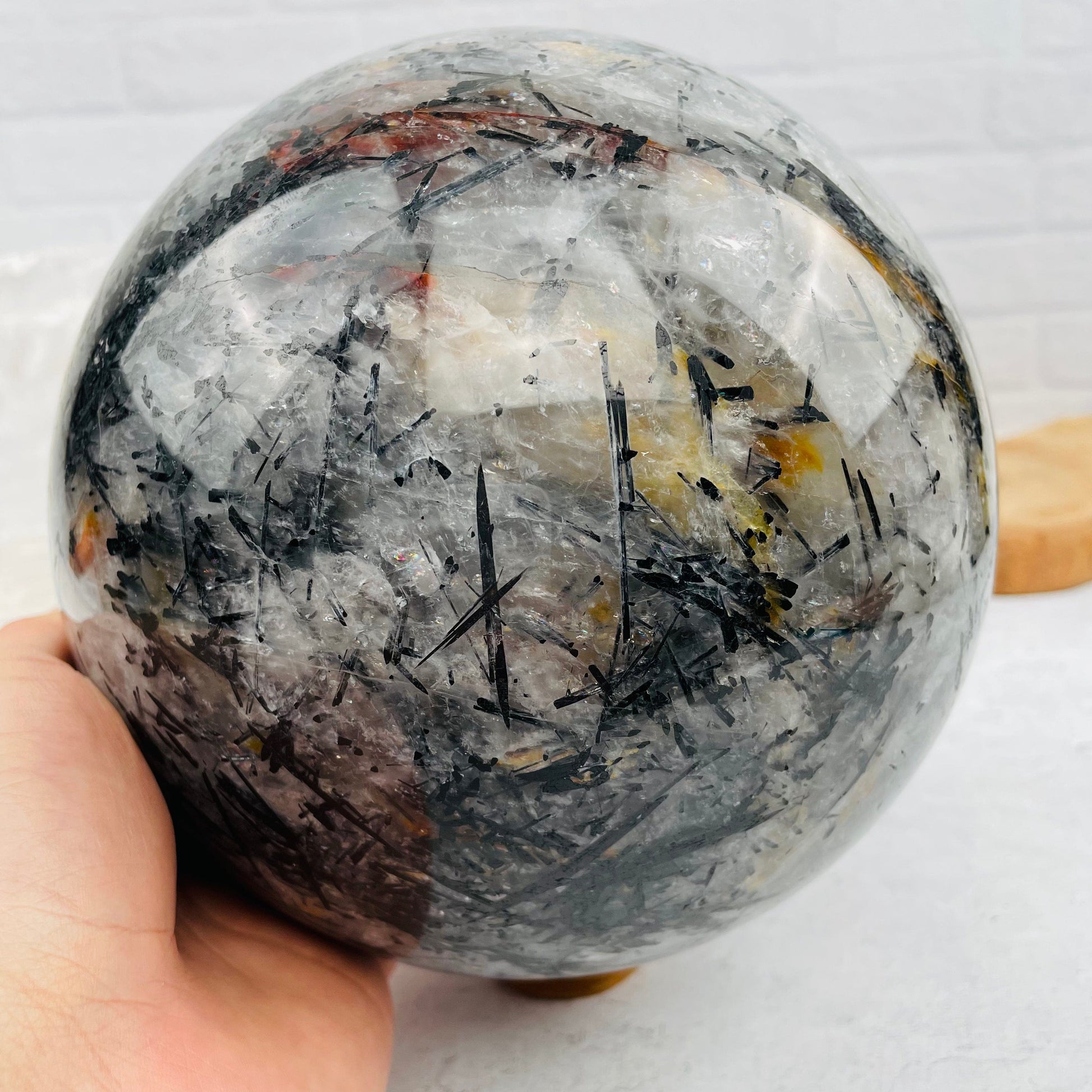 Black Tourmilated Quartz Massive Sphere - OOAK - With Hand 