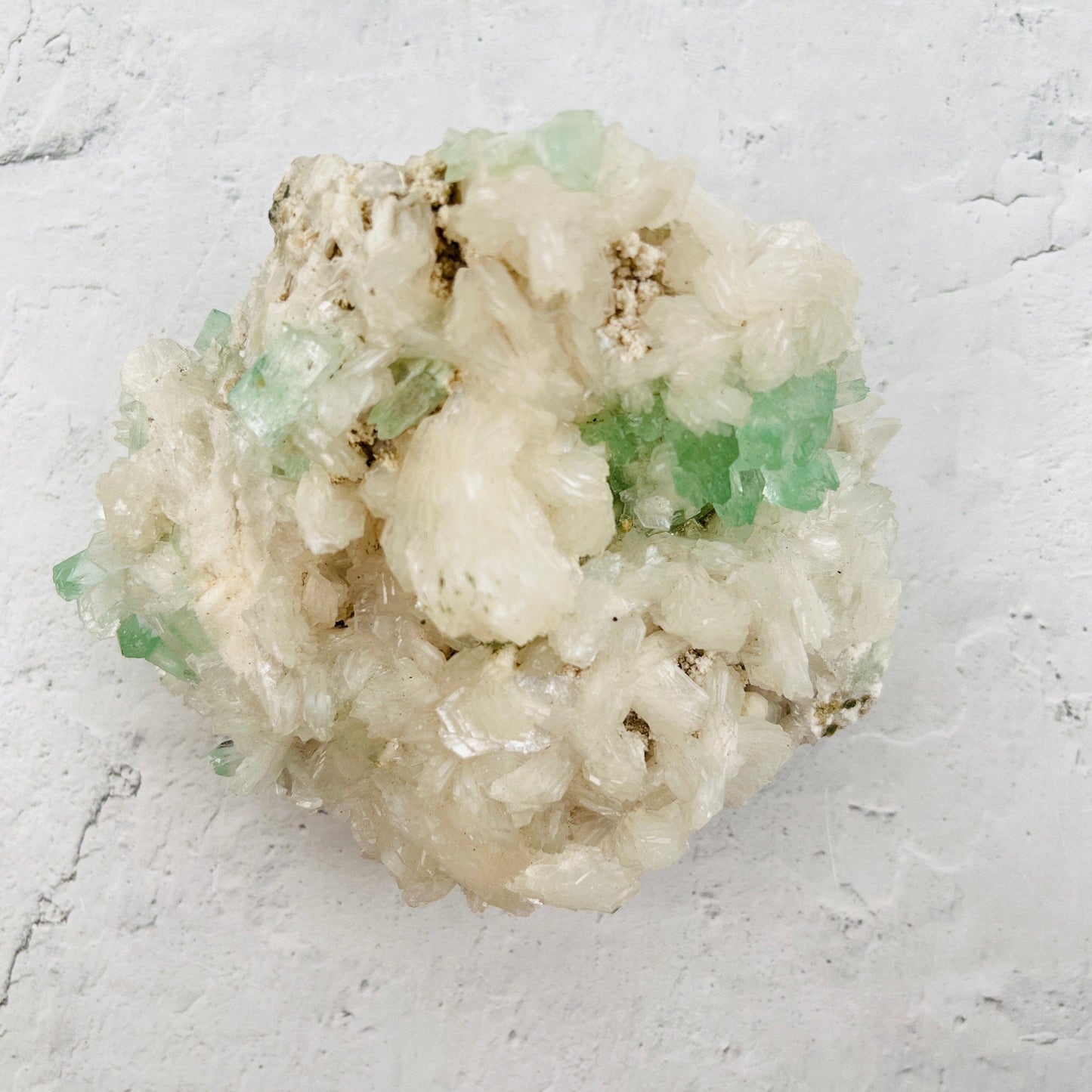 Green Apophyllite with Stilbite Crystal Clusters Zeolites - Front View