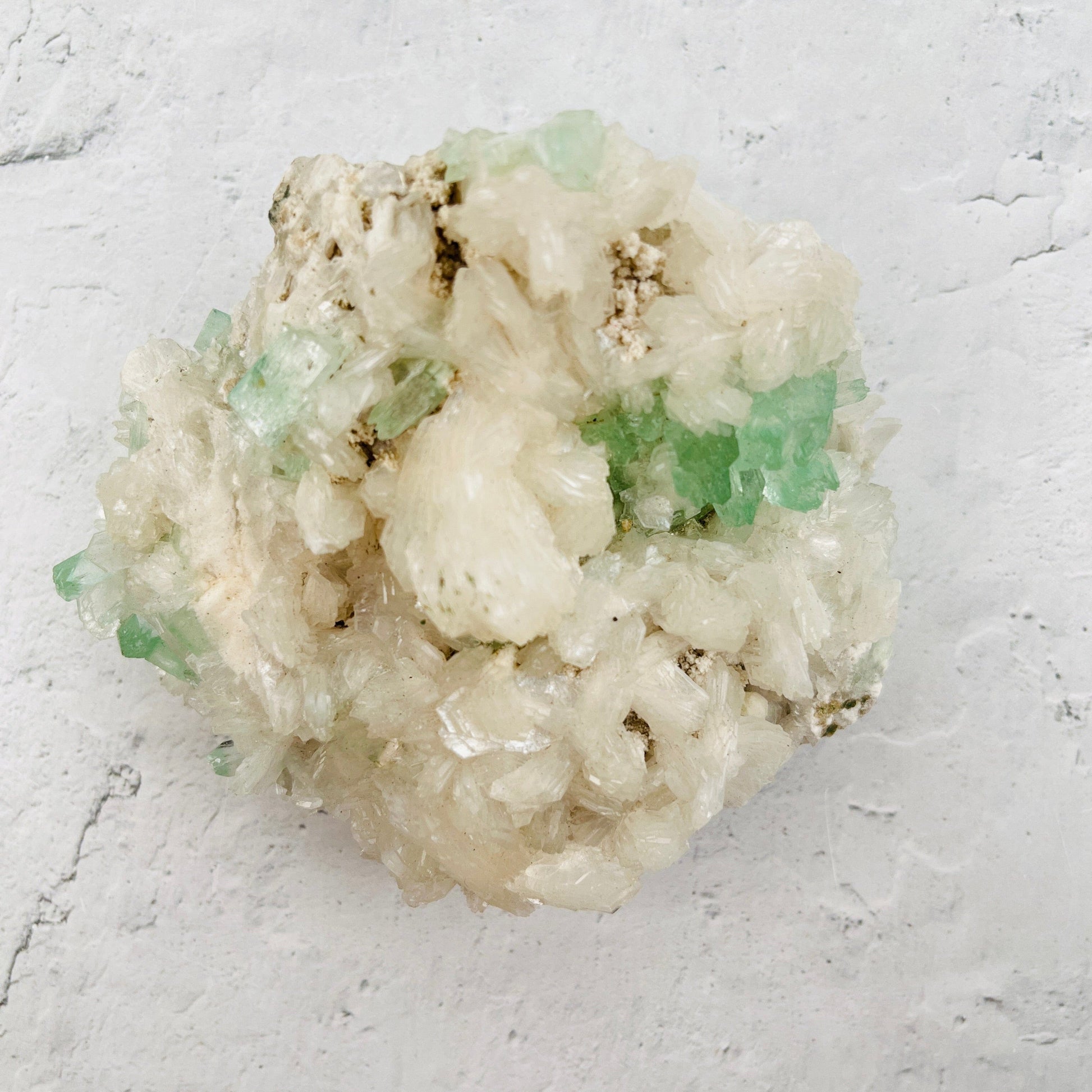 Green Apophyllite with Stilbite Crystal Clusters Zeolites - Front View
