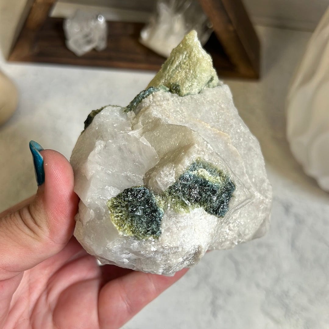 Rough water melon tourmaline rods in a crystal matrix held in a woman's hand.