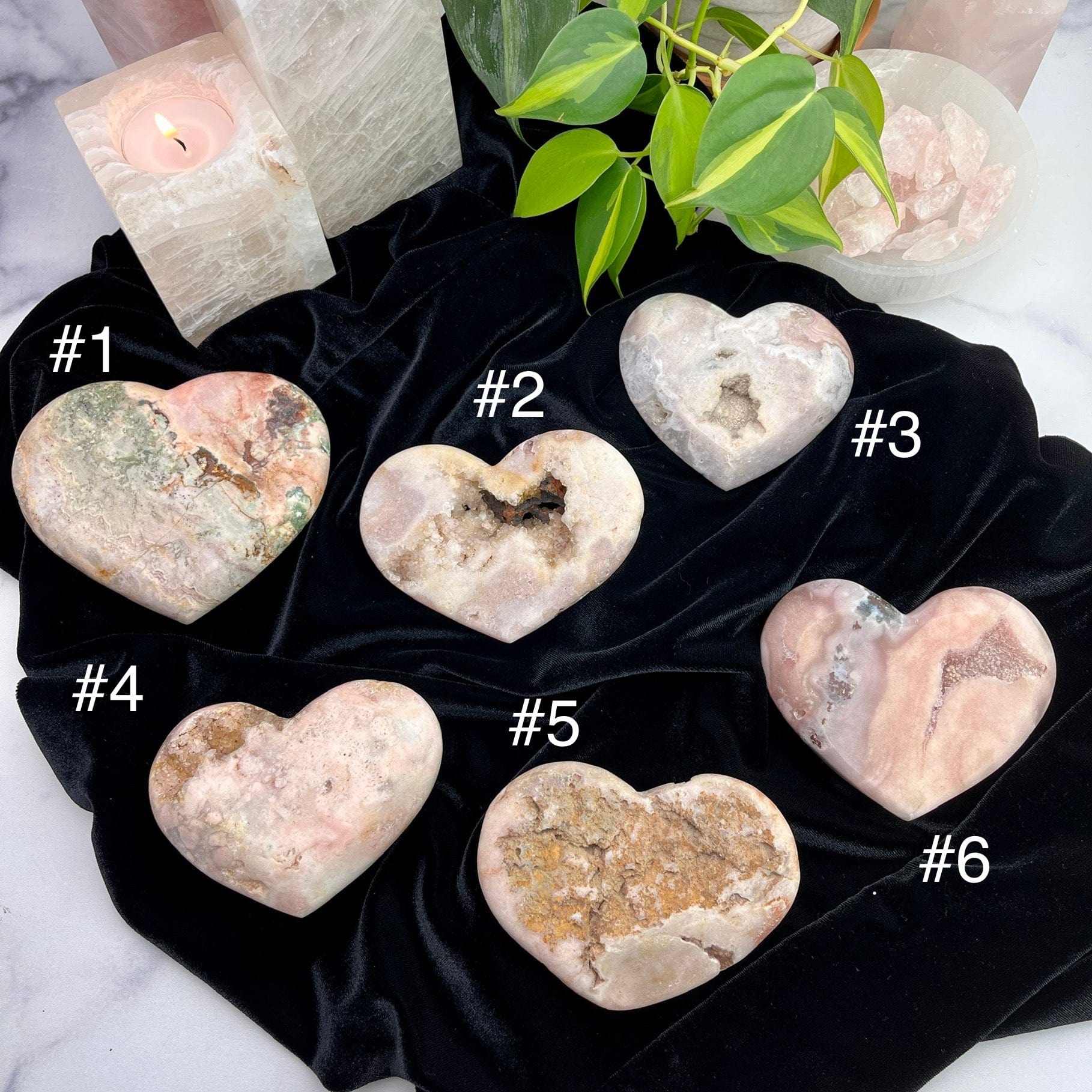Pink Amethyst Hearts Top View Of Six Choices