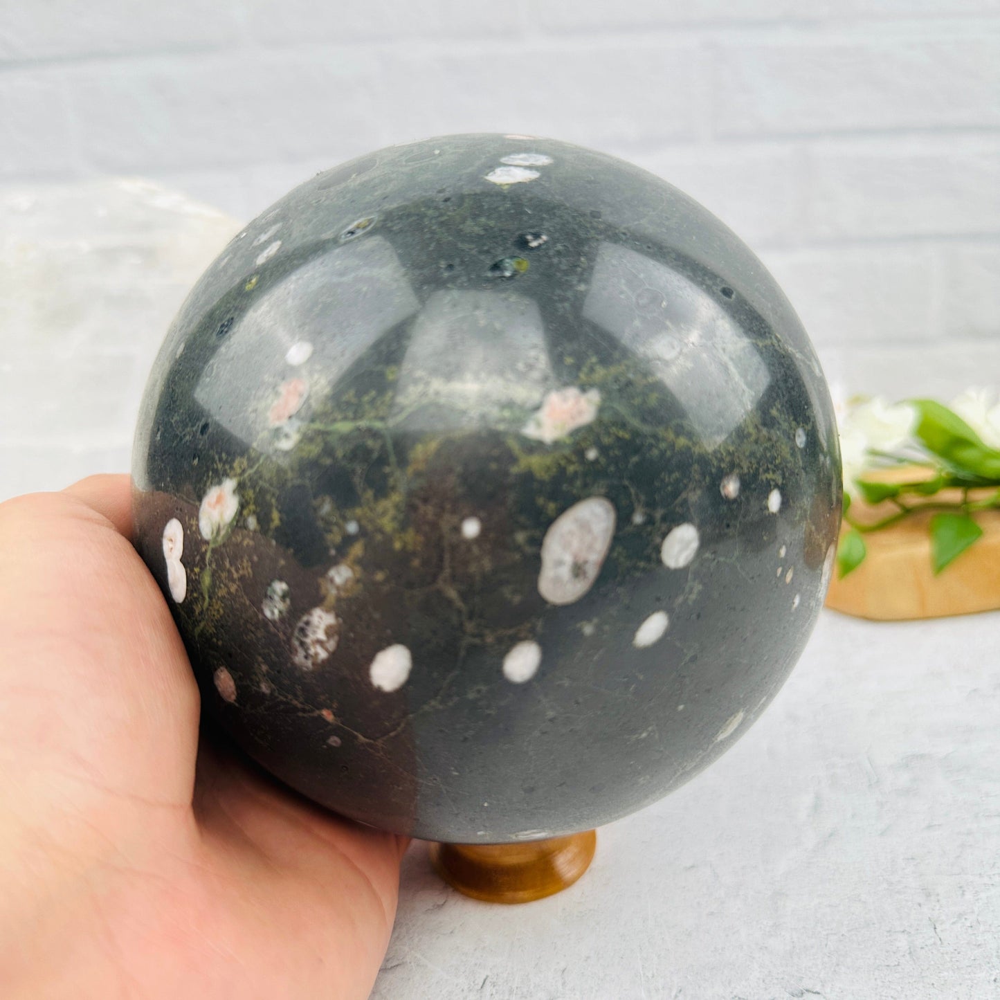 Large Plum Blossom Jasper Sphere - OOAK -- with hand