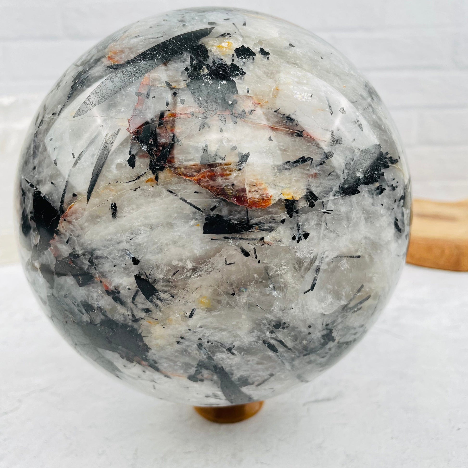 Gigantic Black Tourmilated Quartz Sphere - OOAK -Front View