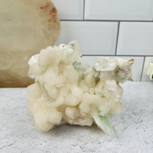 Green Apophyllite with Stilbite Crystal Clusters Zeolites - Home Decor