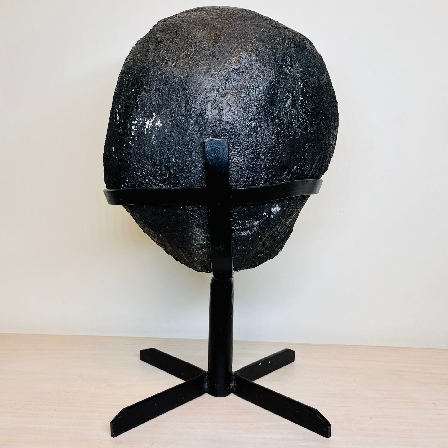 Back view of Large Dark Purple Amethyst and Calcite Geode on Metal Stand.