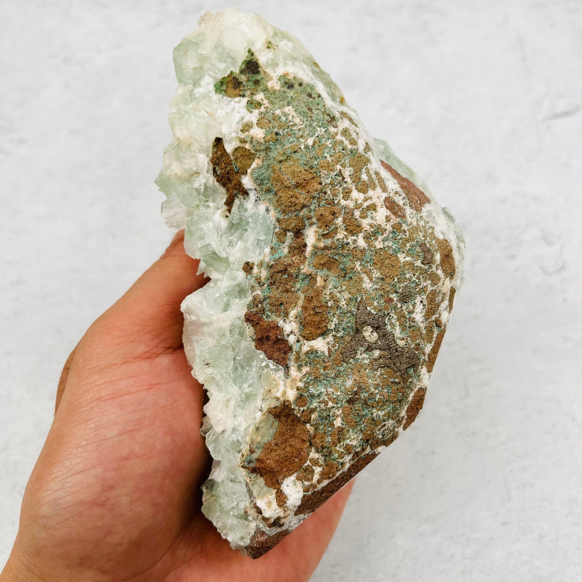 Green Apophyllite with Stilbite  Crystal Clusters Zeolites - With Hand For Sizing Reference Back