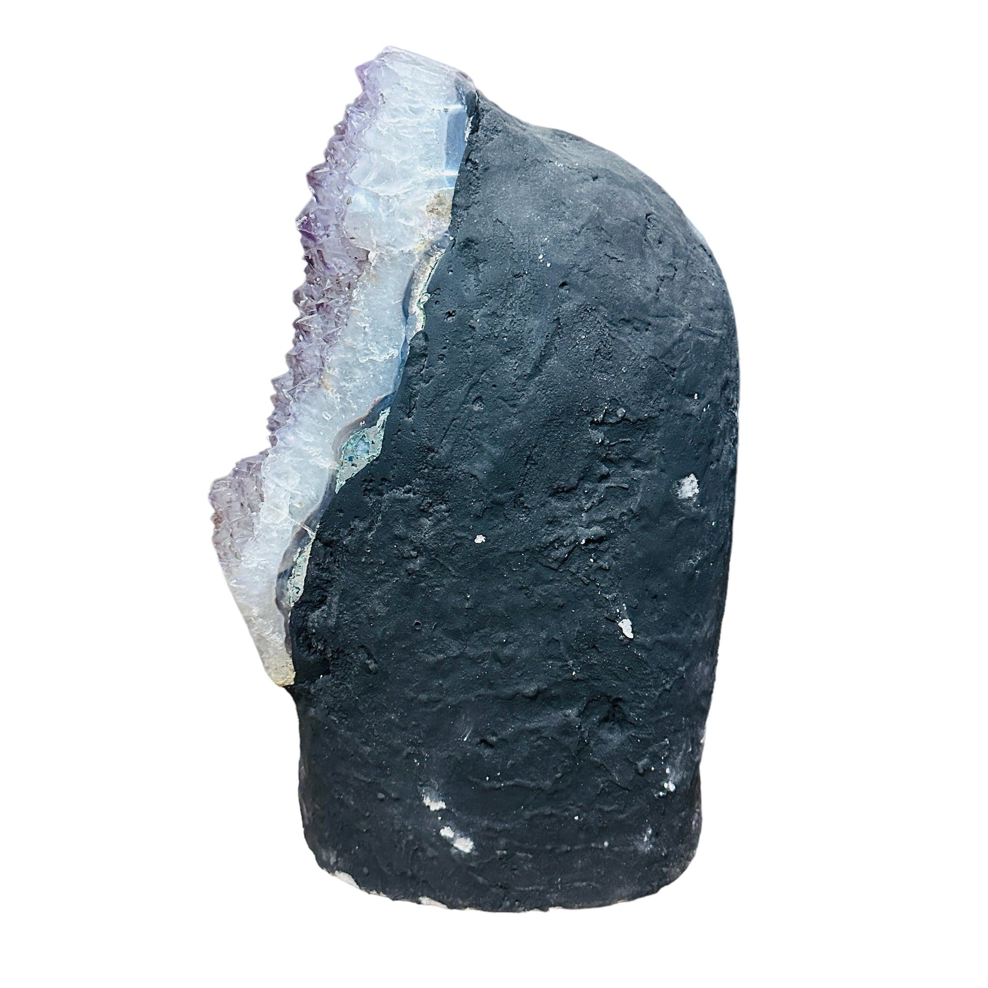 side view of amethyst decoration on white background