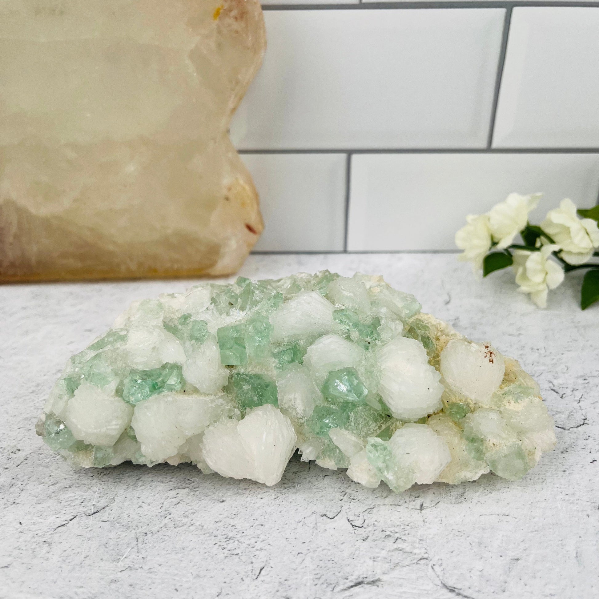 Green Apophyllite with Stilbite Crystal Clusters Zeolites - Home Decor
