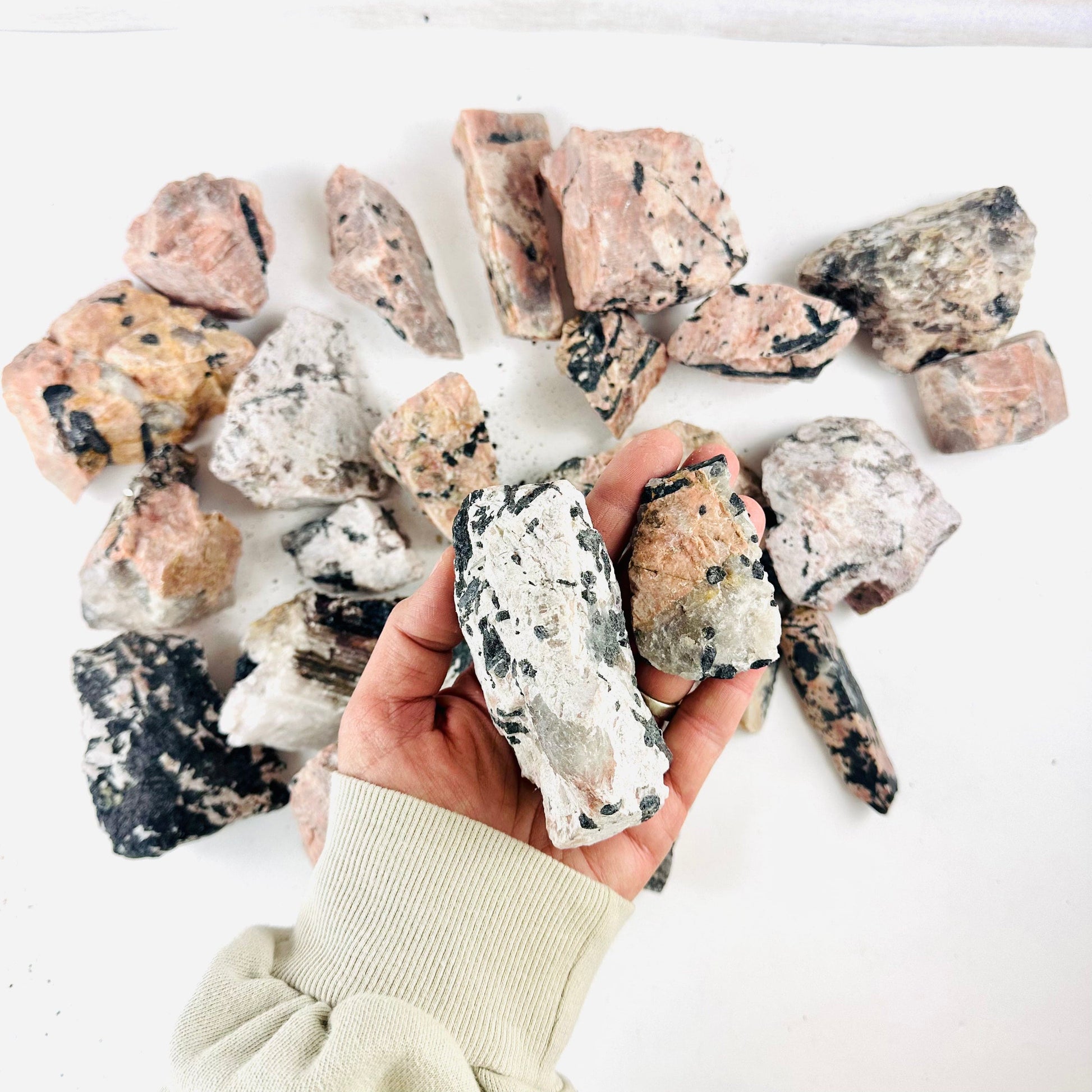 Black Tourmaline on Matrix - Rough Assorted Size - 5 KILO worth with some in a hand for size reference