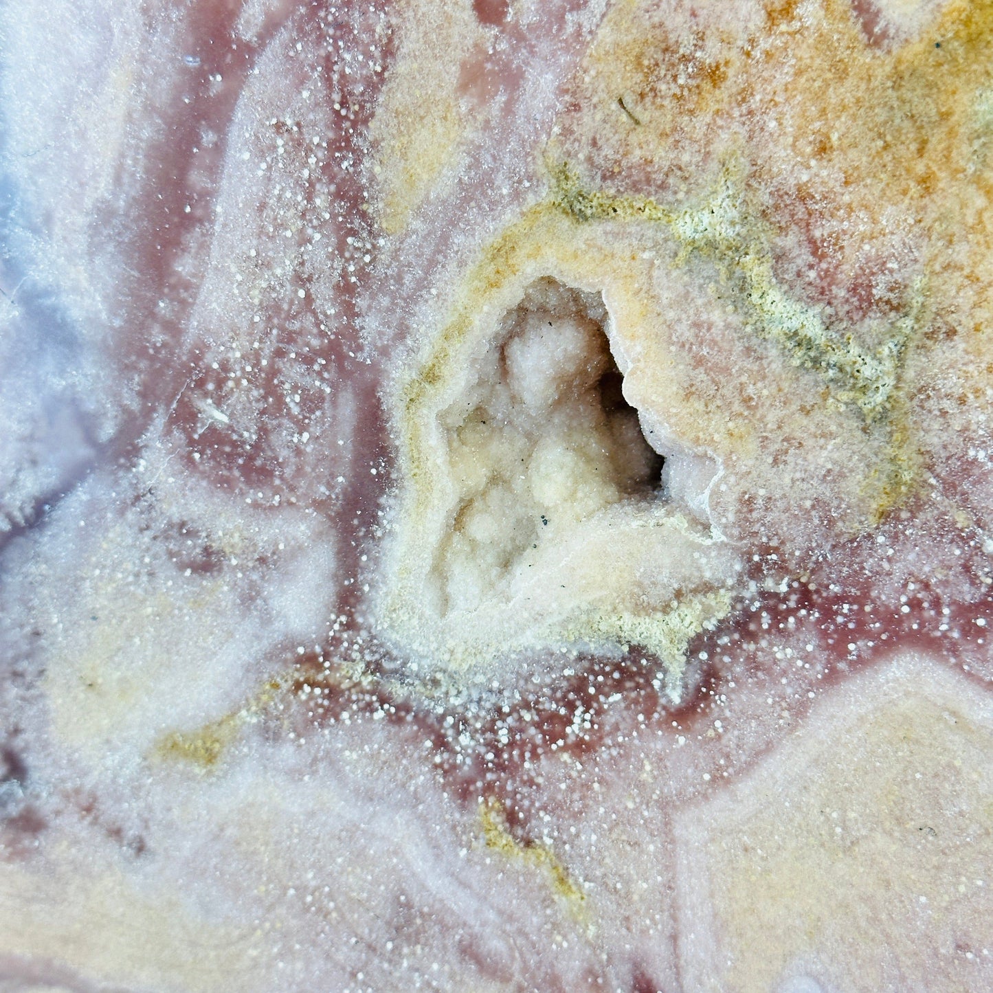 up close shot of pink amethyst druzy formation