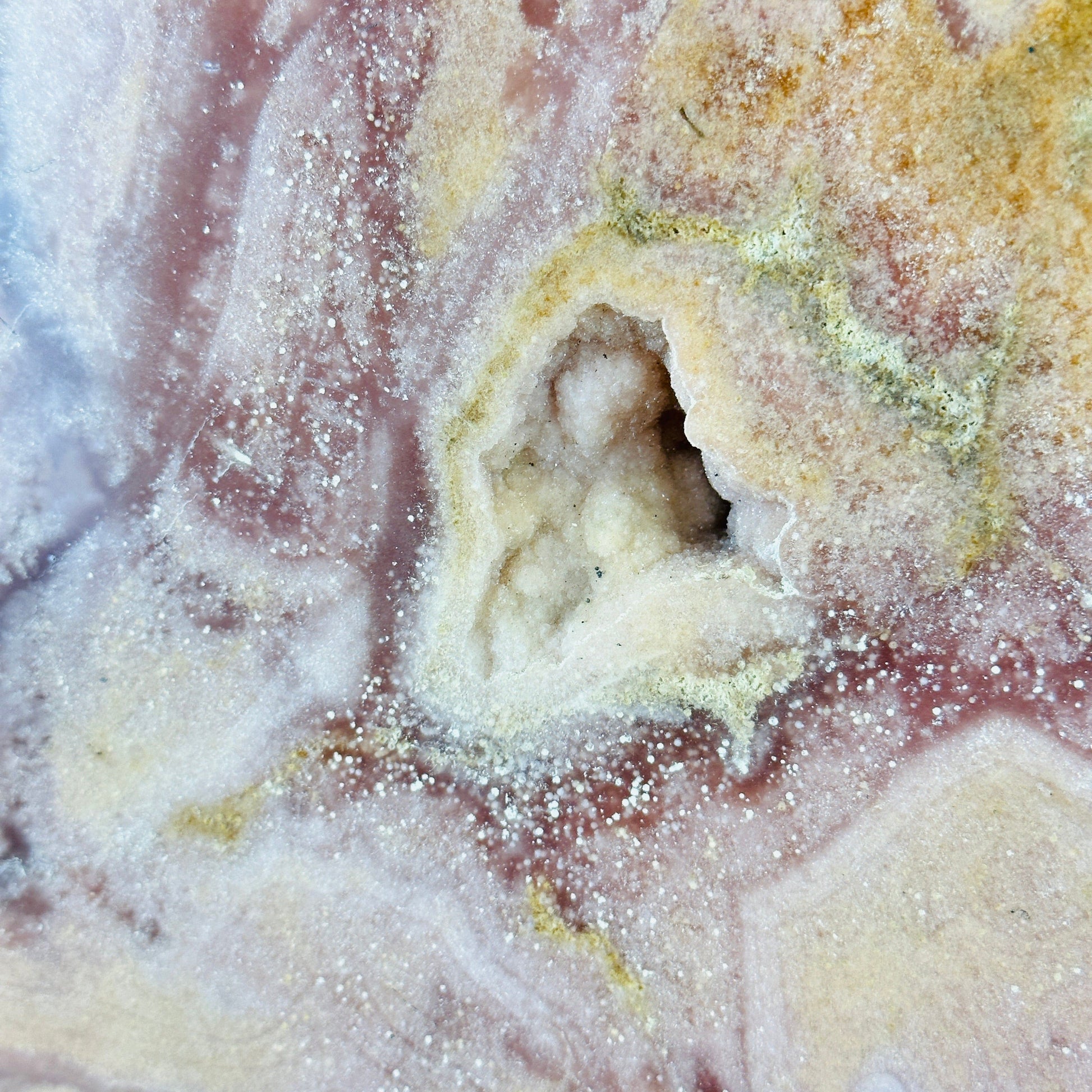 up close shot of pink amethyst druzy formation